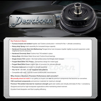 Dearborn 4L80E single-billet stall converter specifications infographic