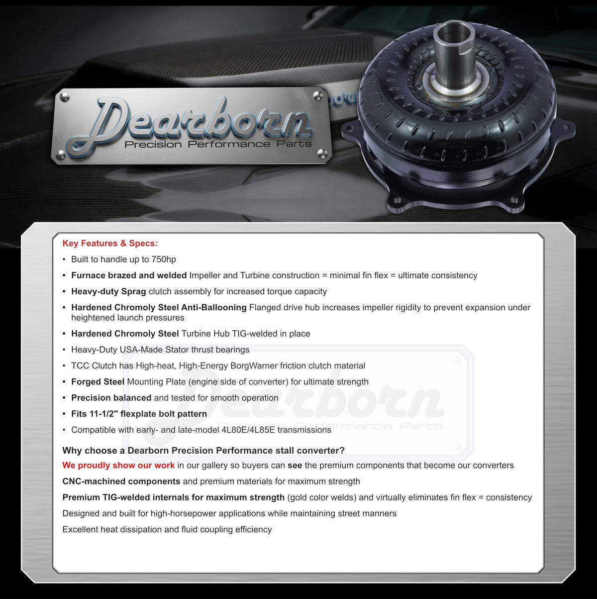 Dearborn 4L80E street stall converter specifications infographic