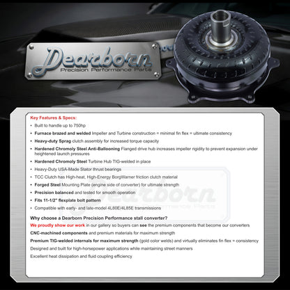 Dearborn 4L80E street stall converter specifications infographic